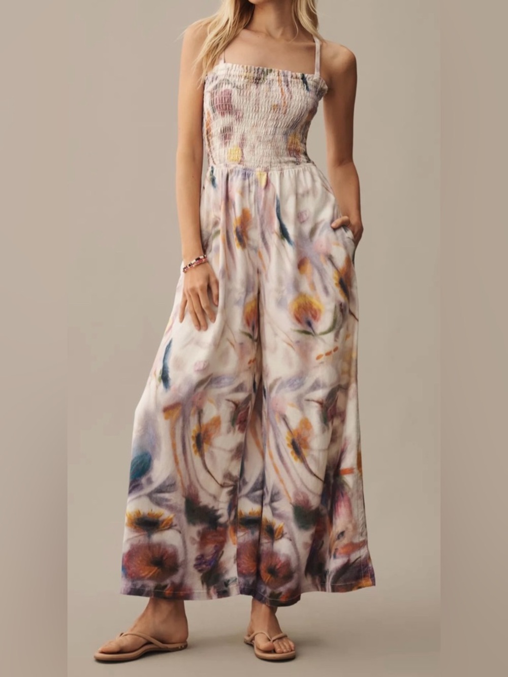 Anthropologie Pilcro Klaas Jonkman Smocked Printed Linen Jumpsuit